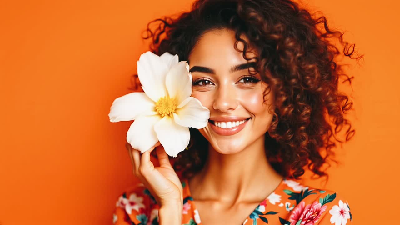 Bella donna con i capelli ricci e un fiore