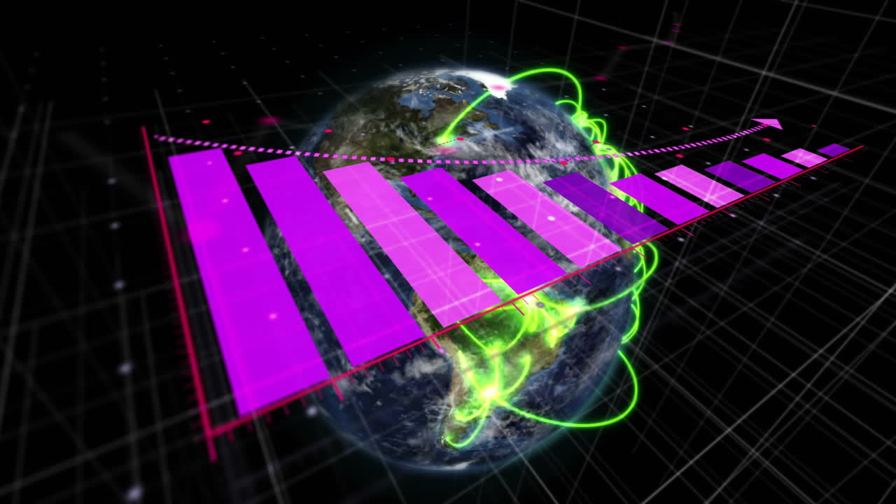 animación de flecha en gráficos de barras y líneas en globo giratorio sobre fondo negro