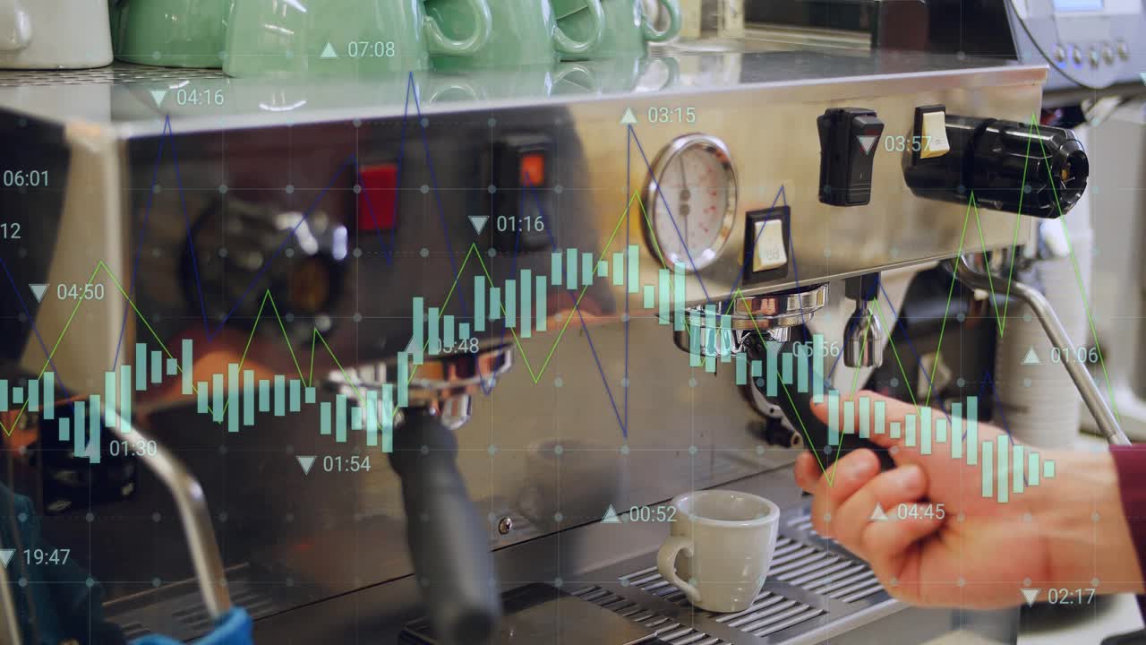 Picking portafilter barista hands locking into head pouring espresso into cup, tapping grounds
