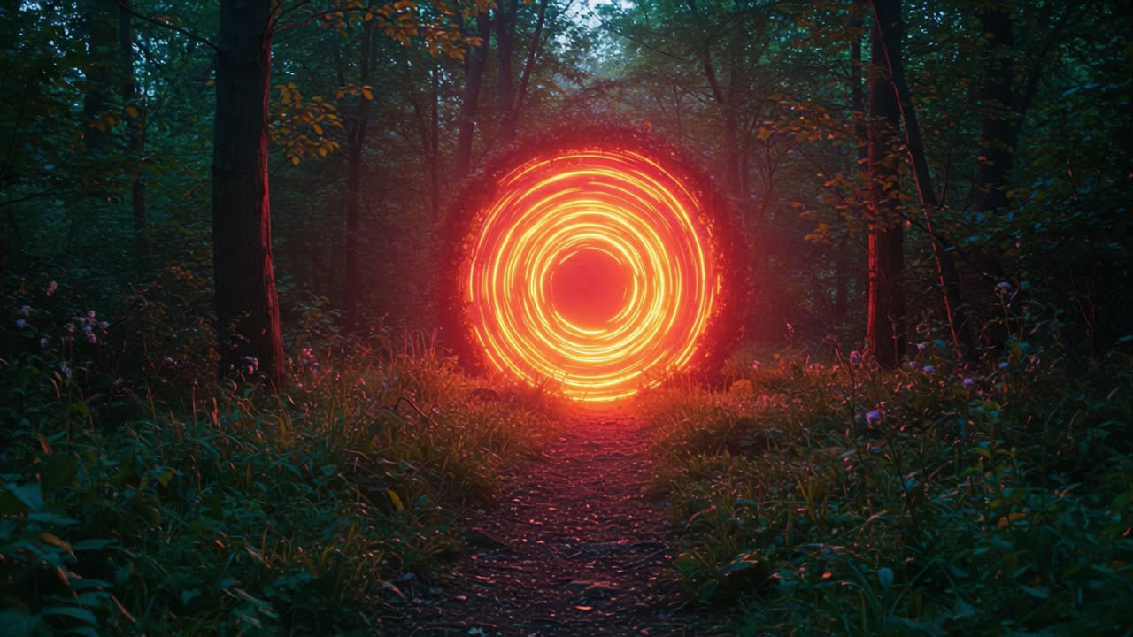 A Mysterious Red Portal in a Foggy Forest: An Enigmatic Journey Through Nature's Hidden Realms Illuminated by Magical Light