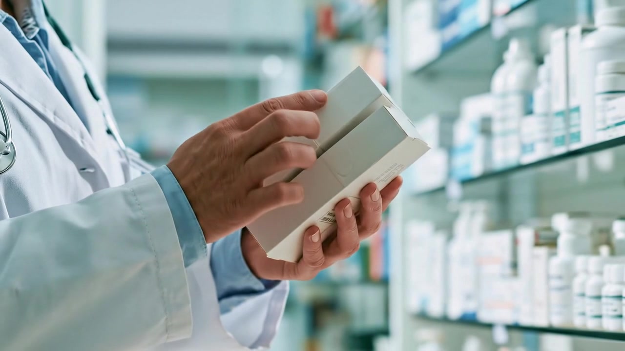 Farmacista che tiene in mano un prodotto medicinale confezionato all'interno di un negozio luminoso