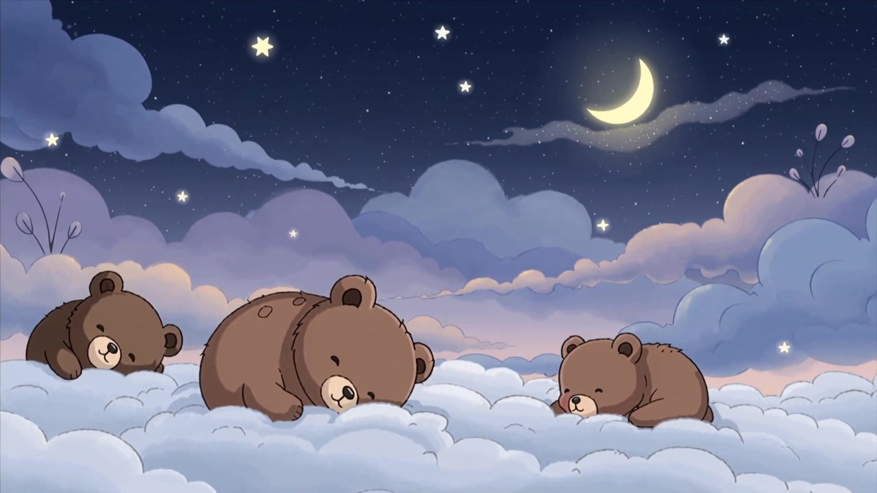 Drifting clouds pushing three cartoon brown bears moving on cloud mounds under crescent moon