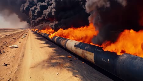 a large pipe on fire in the middle of a desert