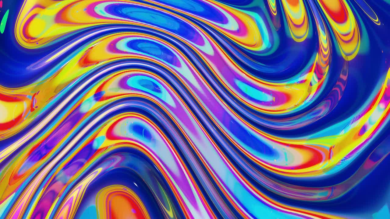 모양의 물결 모양의 액체 패턴: 무지개와 함께 화려한 액체 유리와 같은 파란색 표면의 세련된 추상적인 이리데센트 bg. 4k 트렌디한 다채로운 액체 애니메이션.