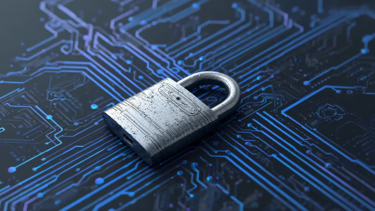 Subtle gleam moving across silver padlock while glowing blue circuit traces pulsing on dark board