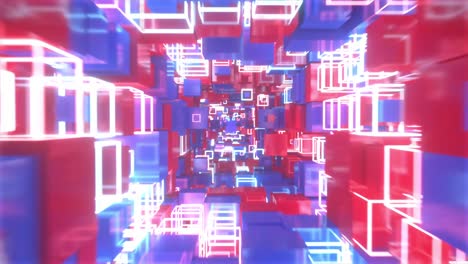 volando en un espacio de movimiento abstracto de coloridos cubos rojos y azules con cubos brillantes de neón. animación de bucle 4k sin costuras