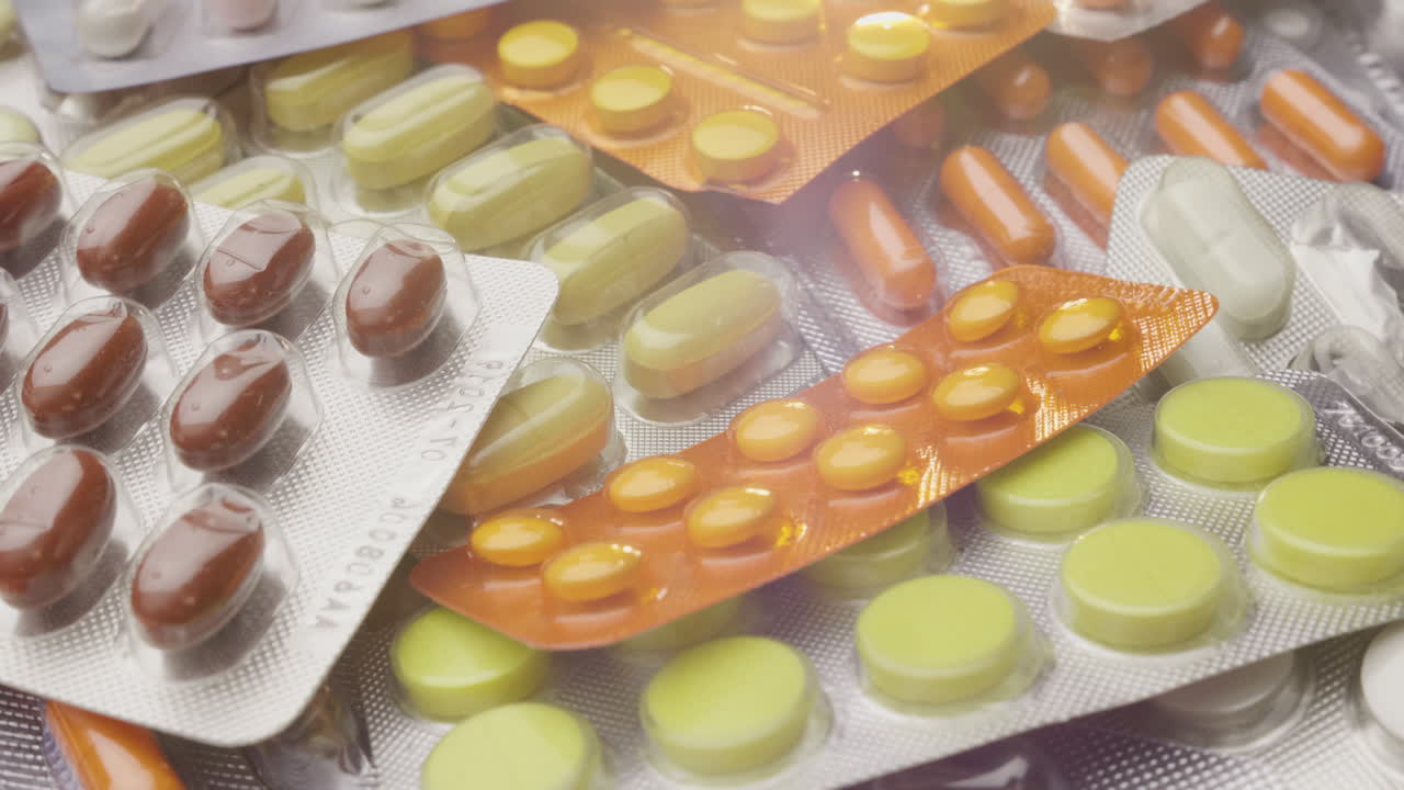 물집에 든 많은 의료용 알약이 탁자 위에 있다