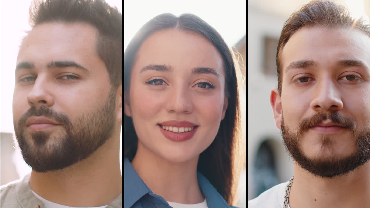 collage de personas, retrato de dos hombres y una mujer mirando a la cámara sonriendo, calle de la ciudad del sol