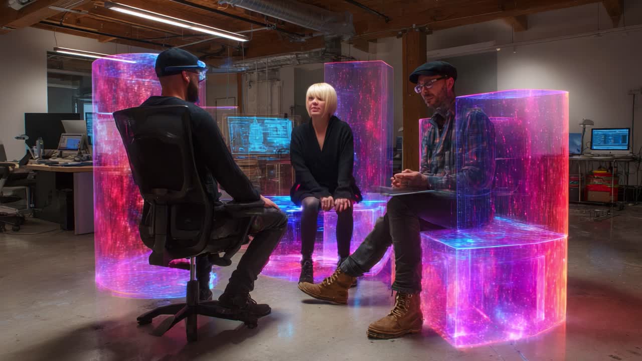 Three Individuals Engaged in Discussion Surrounded by Futuristic Neon-Lit Seating in a Creative Workspace, Showcasing Innovative Design and Collaborative Environment