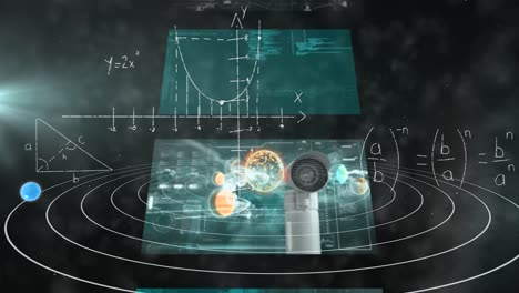 animation of screens with data processing over equations and solar system