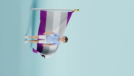 Vertikales-Animationsvideo-Eines-Mannes,-Der-Vor-Der-Lilafarbenen-Greysexual-Pride-Flagge-Steht-Und-Mit-Der-Hand-Wedelt