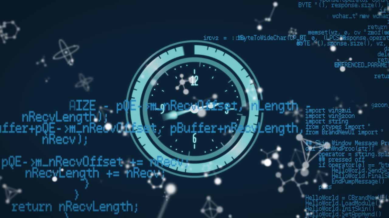 Animation of clock moving over data processing on blue background