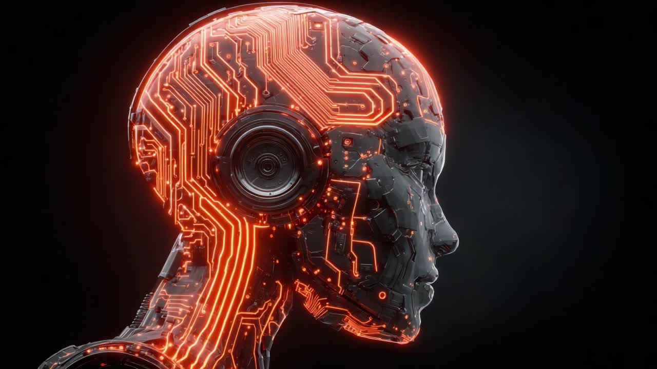 A Stunning Portrait of a Futuristic Cybernetic Head Showcasing Intricate Circuit Designs and Illuminated Details, Emphasizing Advanced Technology and Artificial Intelligence