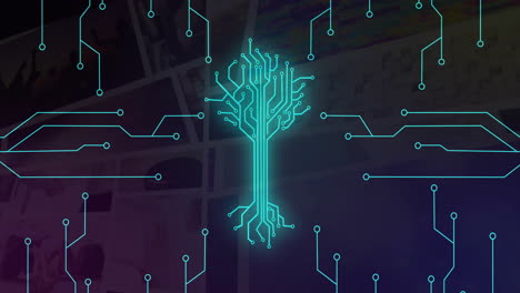 Animation of colorful circuit tree glowing with lines and nodes on dark background