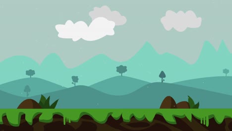 beautiful and funny background animation of a mountain landscape illustration with trees, grass, clouds moving and snow falling, cartoon flat style