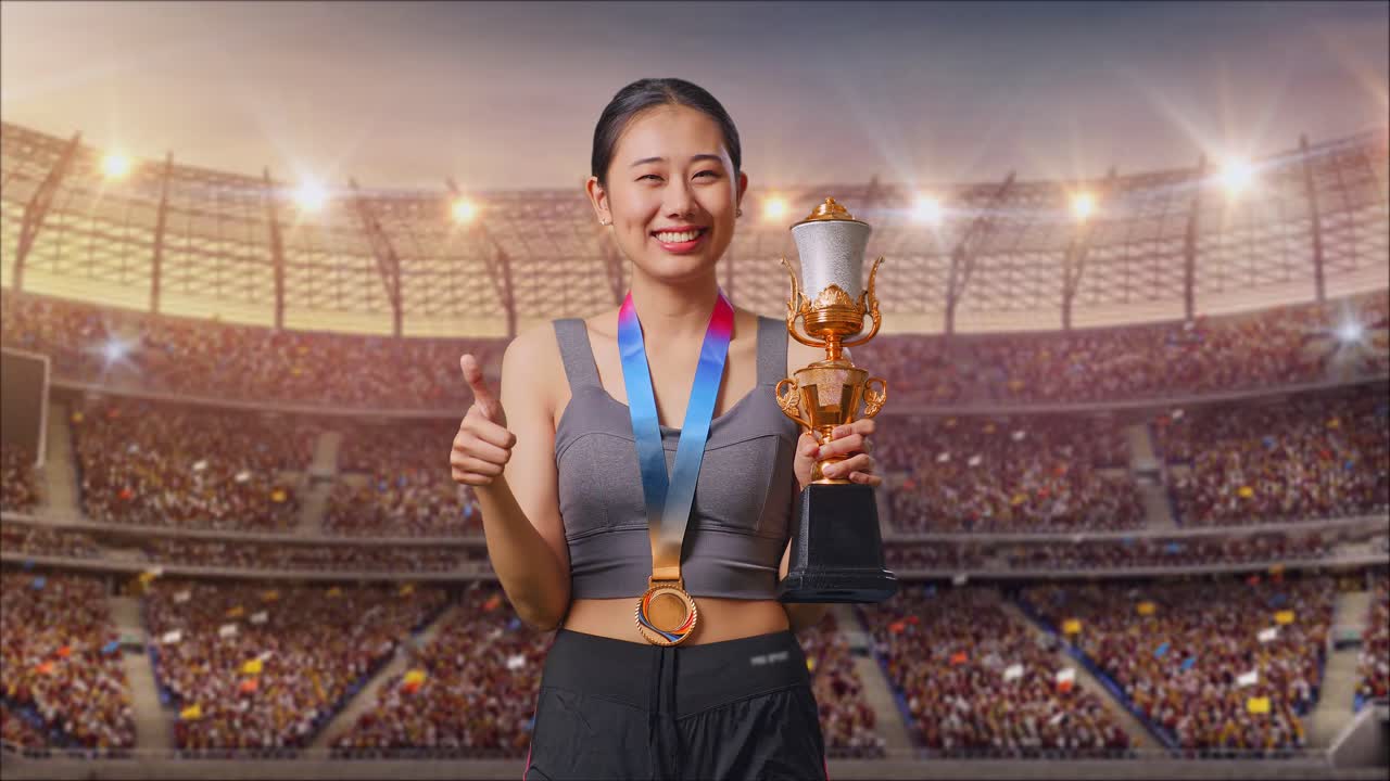 Woman Athlete Winning a Trophy in a Stadium