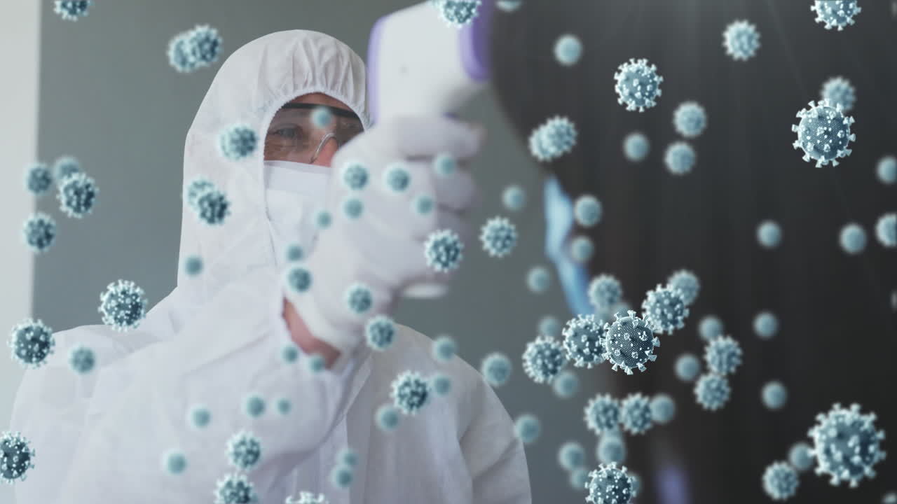 animación de celdas flotantes de covid-19 con un hombre comprobando la temperatura con máscaras faciales
