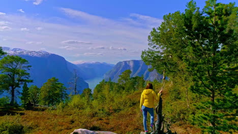 Beautiful,-young-woman-overlooking-a-fjord-in-Norway---aerial-of-stunning-landscape