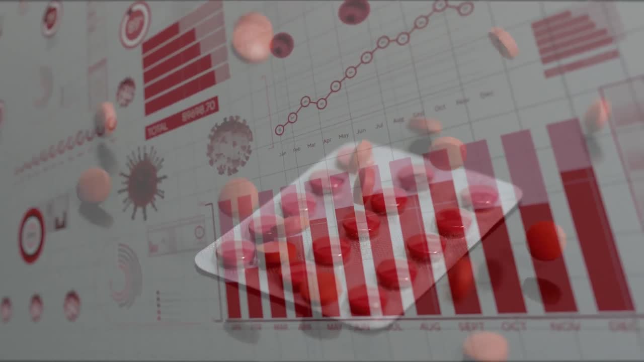 interfaz digital de coronavirus contra las píldoras que caen en la superficie blanca