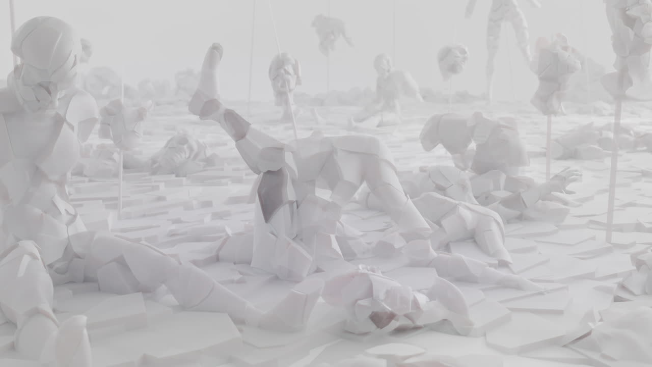 Broken android shells on a foggy junkyard