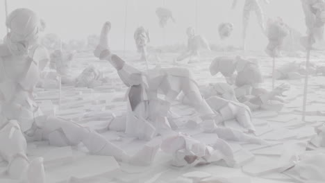 broken android shells on a foggy junkyard