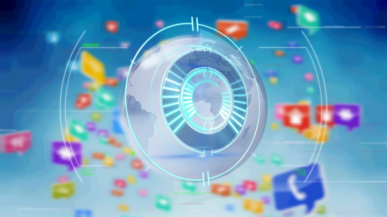 テックアイコンが散りばめられたぼやけた青い背景の上に、処理中の円形アニメーション。