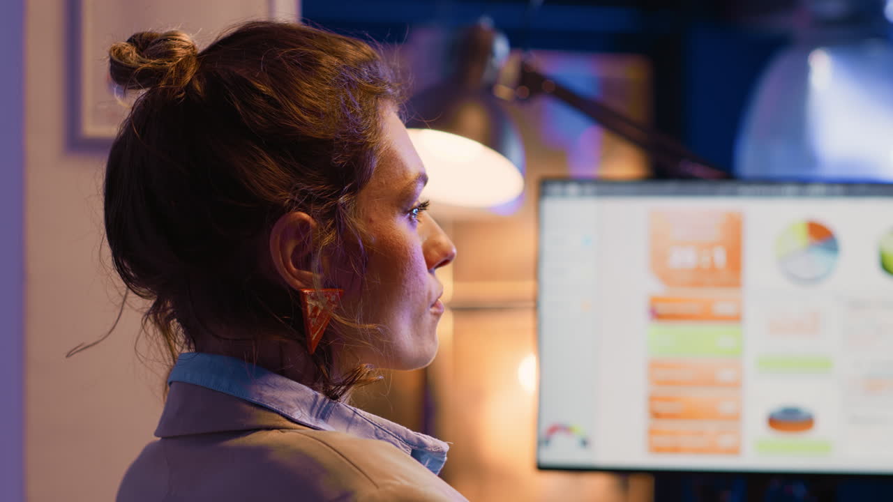 Businesswoman working with data charts on computer screen