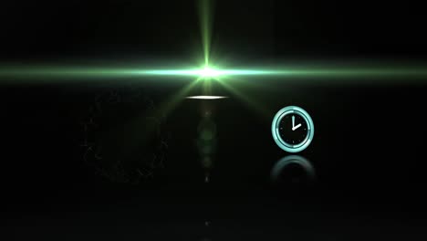 Animation-of-clock-over-green-glowing-lights