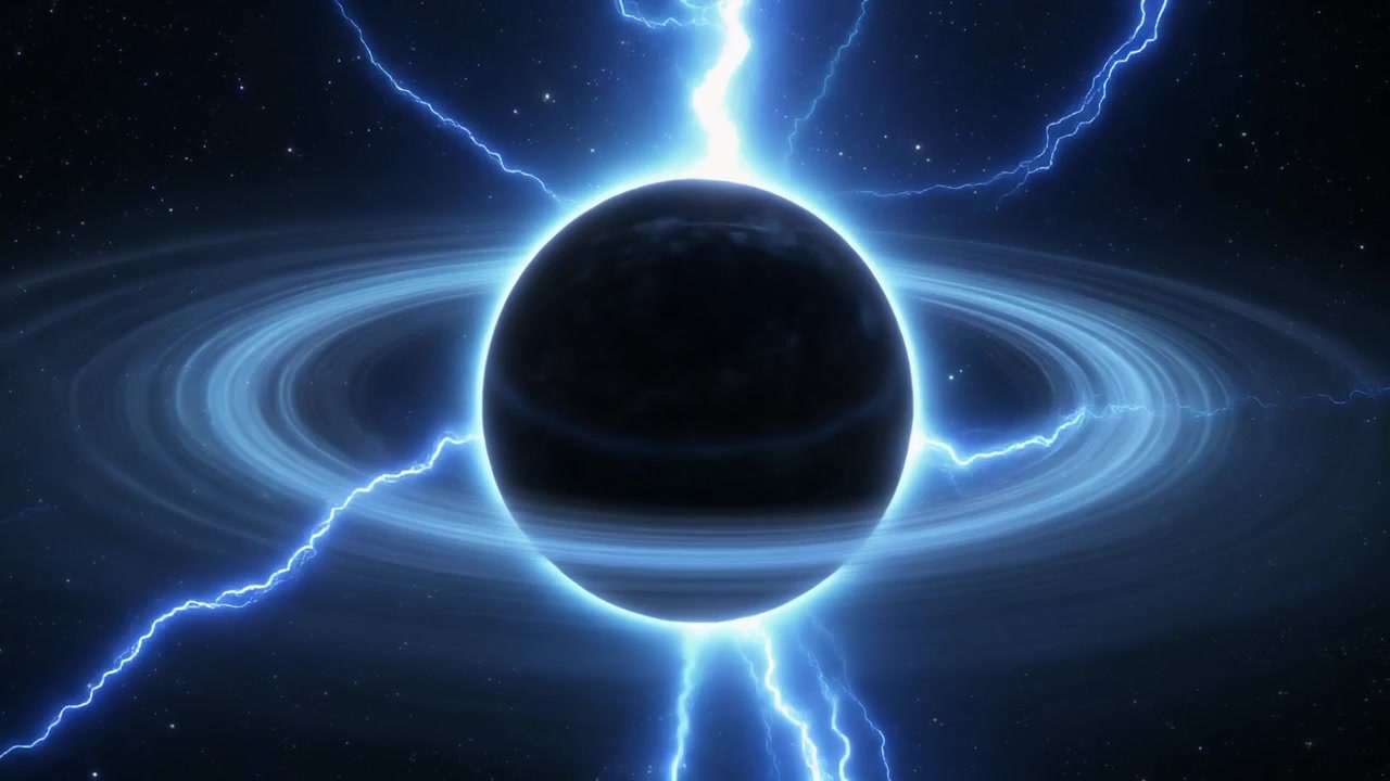 Buco nero circondato da anelli blu incandescenti e fulmini elettrici