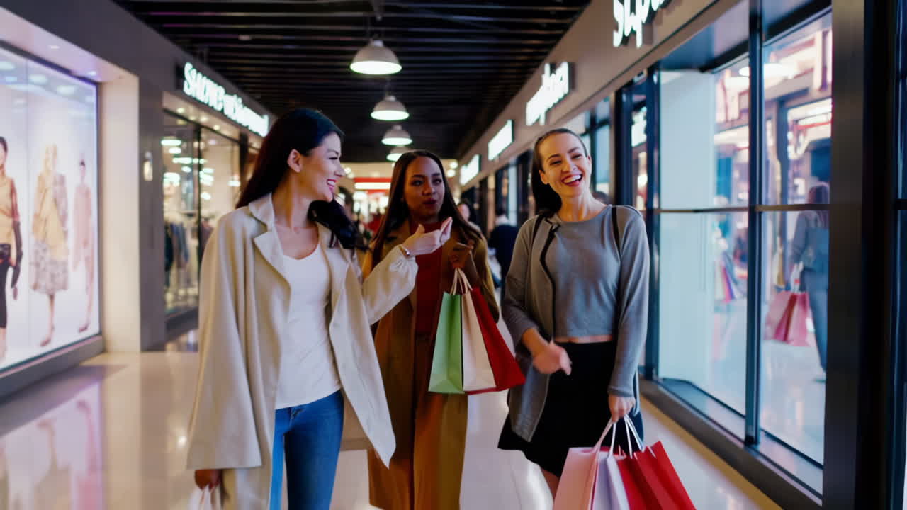 Three Happy Women Enjoying a Shopping Trip at a Modern Mall