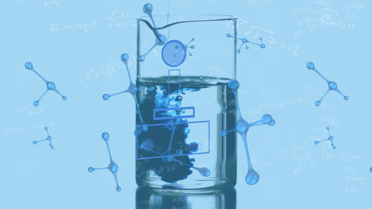 animación de moléculas azules sobre un vaso de laboratorio de química sobre un fondo azul