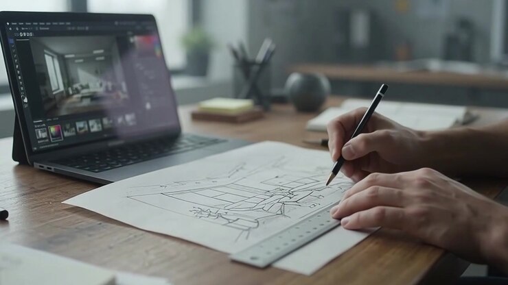 Arquiteto esboçando conceito de design de interiores em papel na mesa