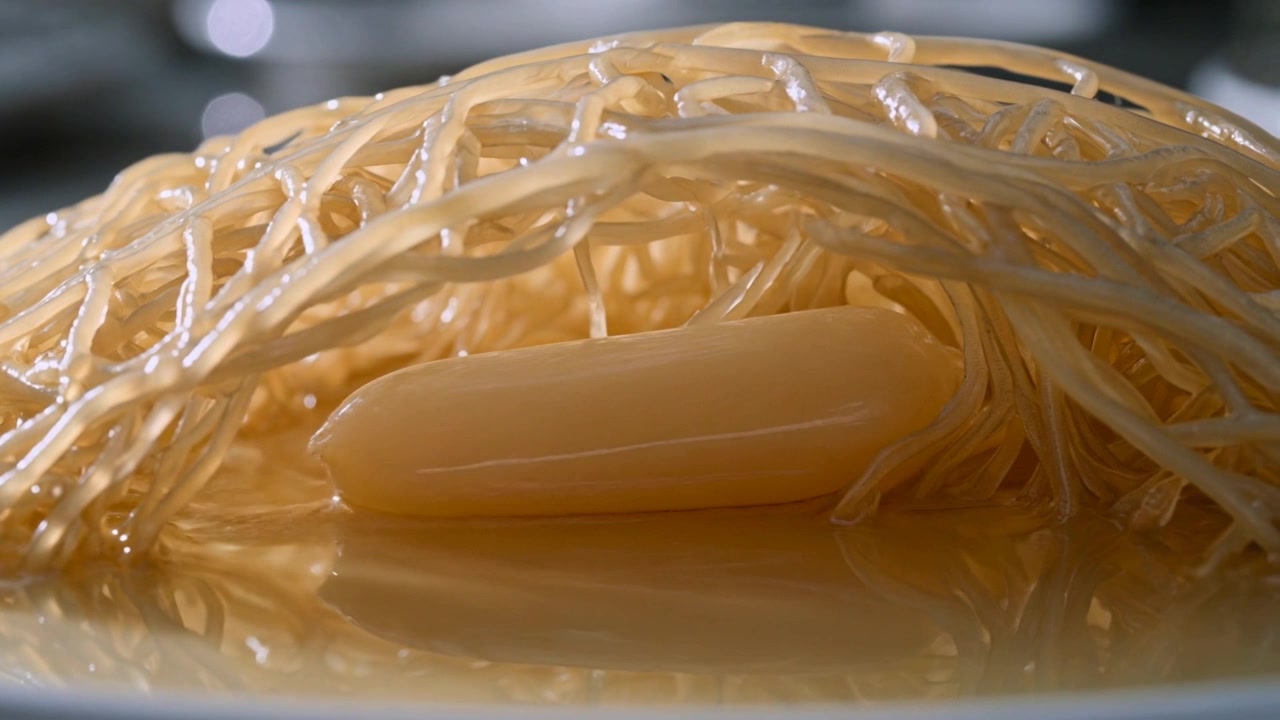 La telecamera si allontana per rivelare una cupola di noodle che si sposta e un cilindro pallido che si adagiano in brodo poco profondo, in studio