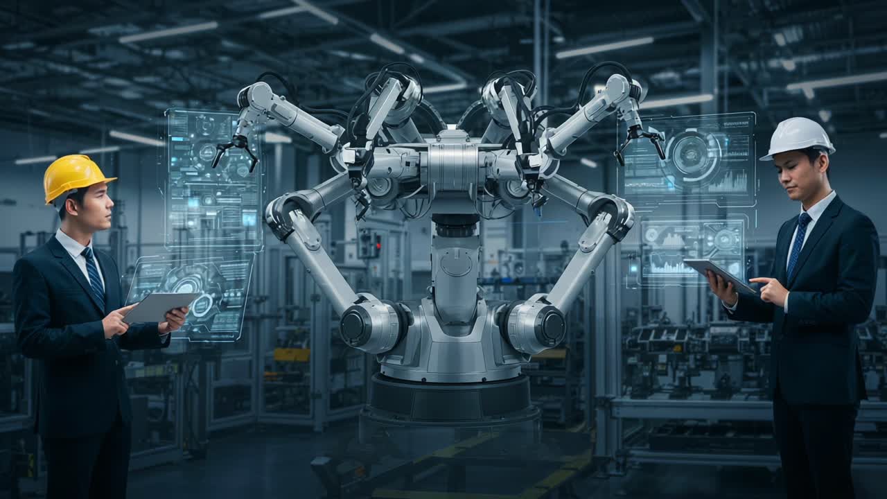 Engineers Collaborating with Advanced Robotic Arm in a Modern Industrial Setting: A Glimpse into the Future of Automated Manufacturing Technology