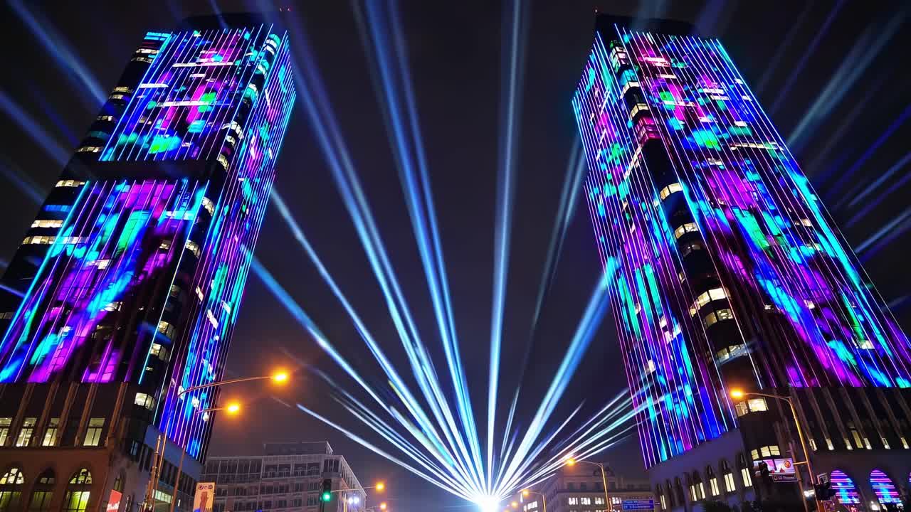 Vibrant laser projections casting geometric patterns across metropolitan skyline, illuminating tall buildings with intense light streams converging centrally during nighttime cityscape
