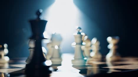 chess queen changes color from white to turquoise under dramatic lighting on a chessboard with other chess pieces in the background