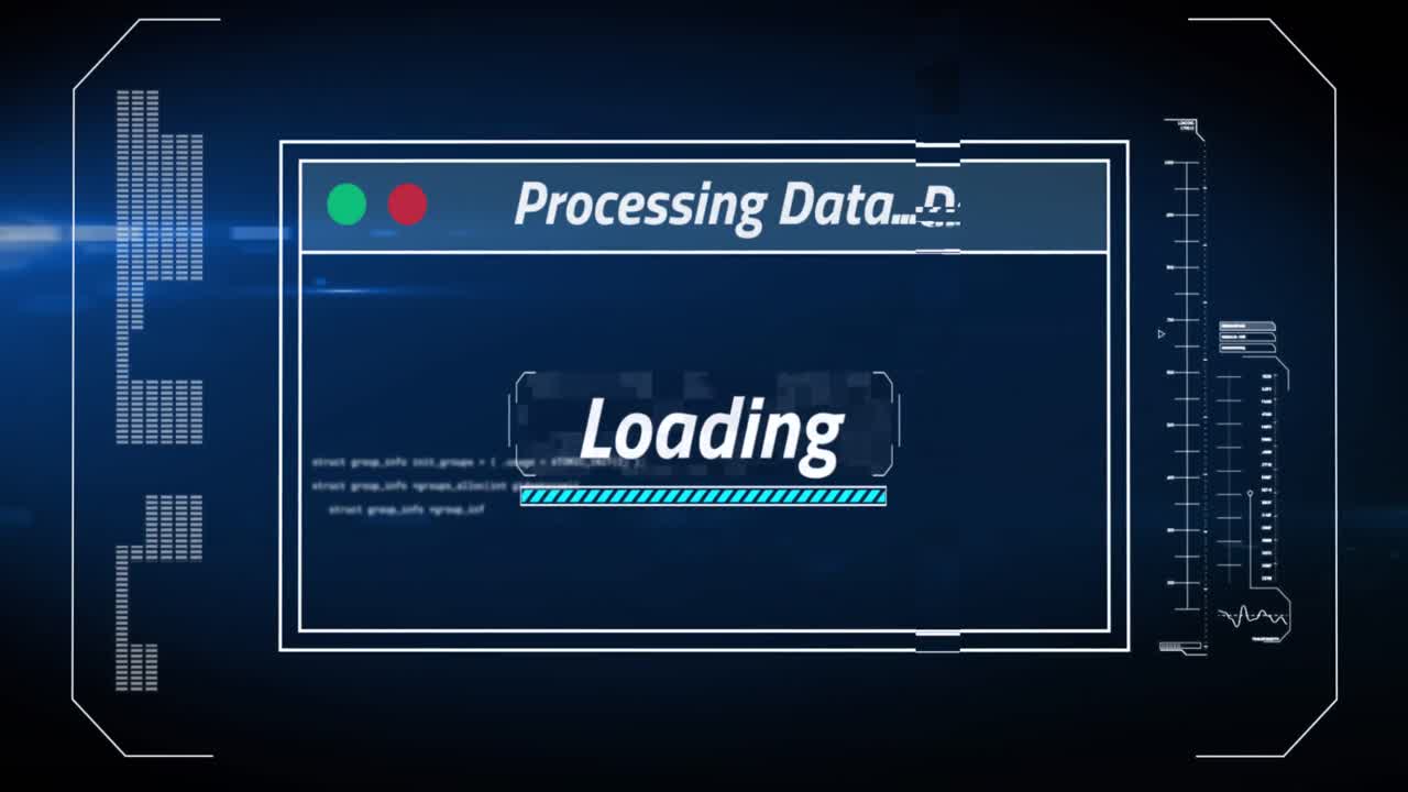 Animation of interface with data processing against light spot on blue background
