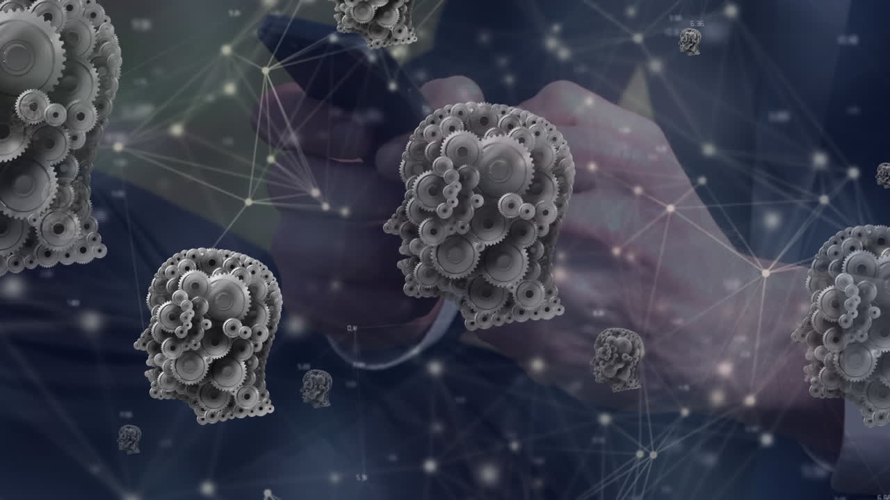 스마트폰을 사용하는 사람의 중간 부분에 대한 인간의 얼굴 모델과 연결 네트워크