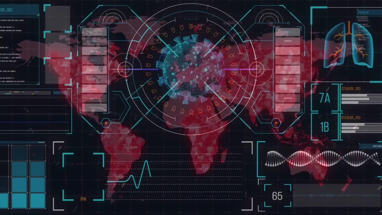Digital animation of covid-19 cells spinning against digital interface with data processing