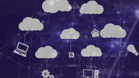 animazione di icone cloud con dispositivi elettronici su connessioni e elaborazione dei dati
