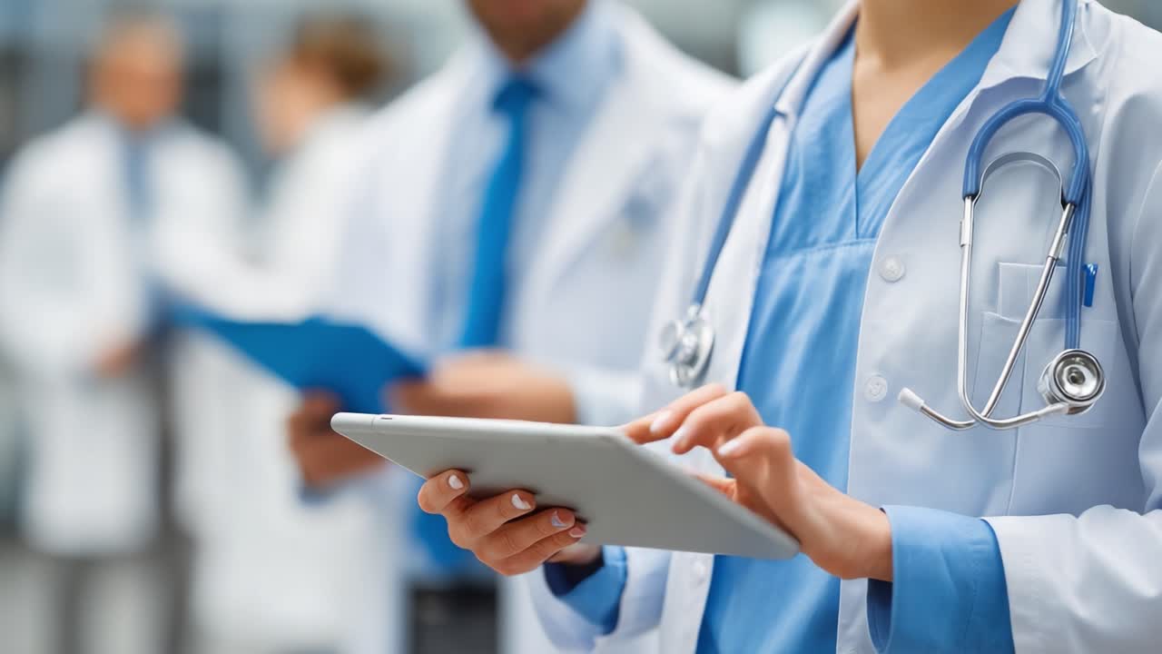 Professionisti della Sanità Impegnati nella Documentazione Digitale e nell'Assistenza ai Pazienti, Che Mostrano Pratiche Mediche Moderne con Tablet in un Ambiente Clinico