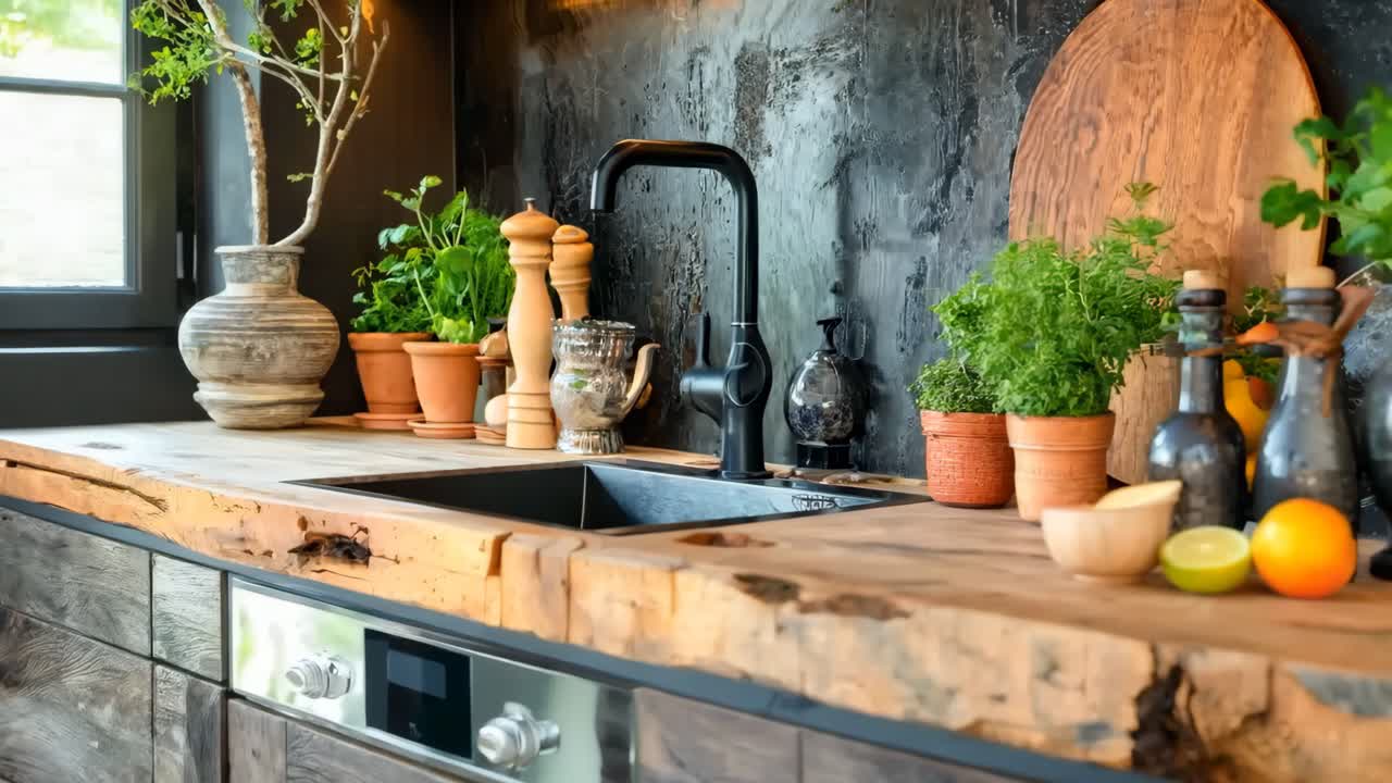 un mostrador de cocina con un fregadero y una encimera de madera