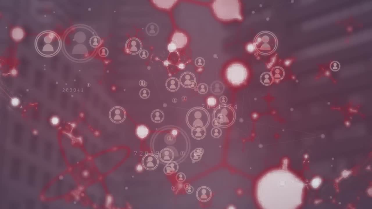 현대적인 사무실 건물 위의 사람들과의 연결 네트워크 아이콘의 애니메이션