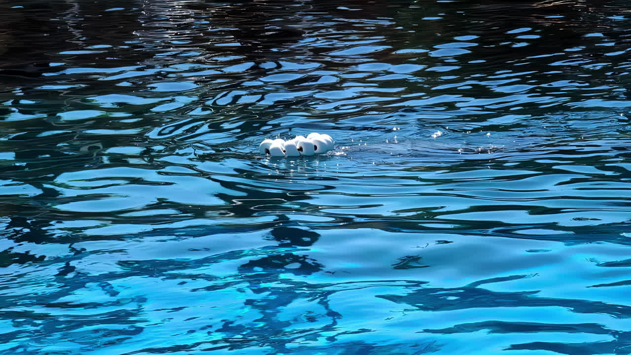 Slow motion handheld shot of water reflection, zoo basin with playful dolphin, sunny Athens