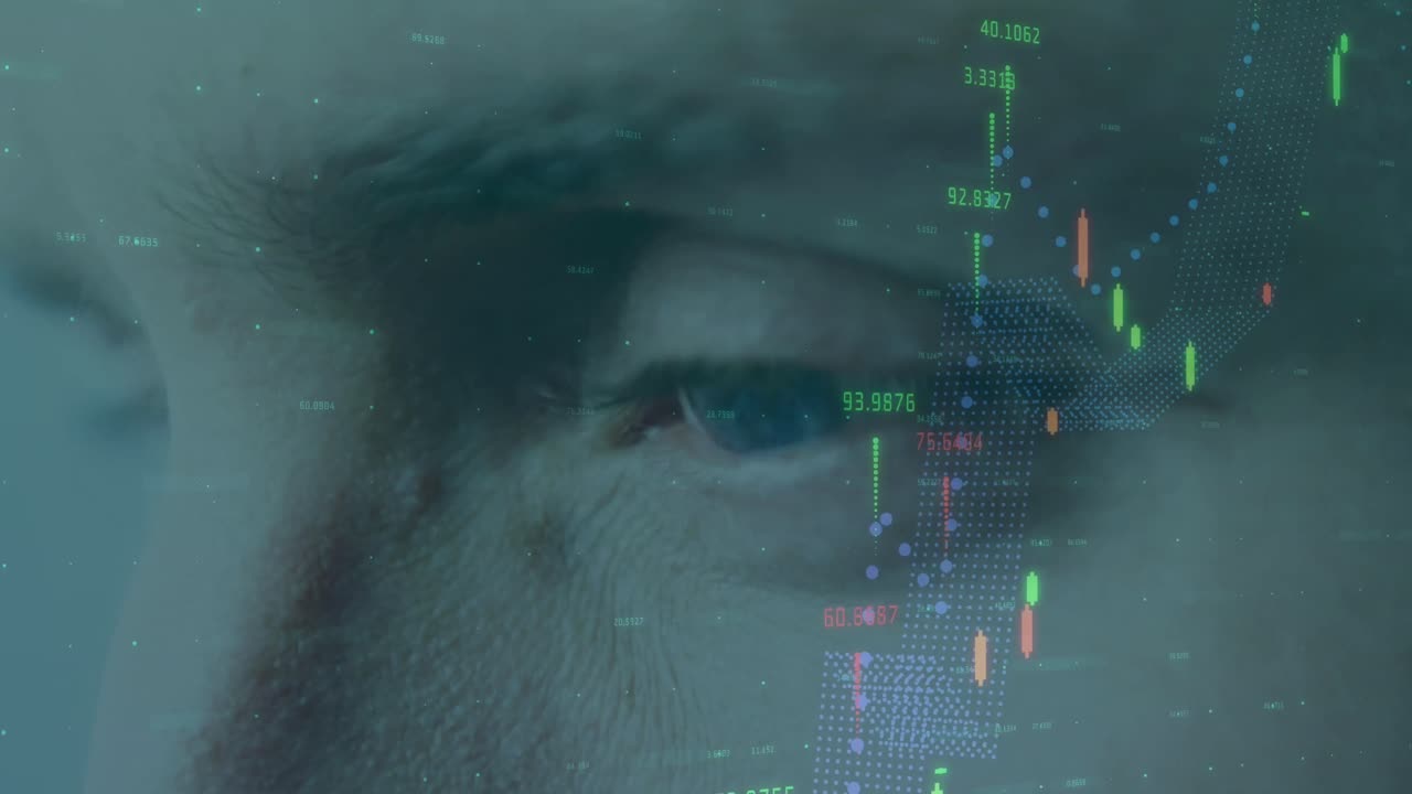Animation of statistics and data processing over man's eye in background