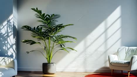 a white chair sitting next to a potted plant in a room