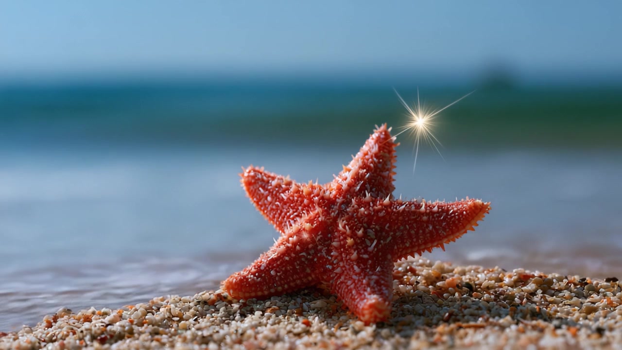 Una bellissima stella marina rossa catturata sulla riva, che brilla sotto il sole con dolci onde oceaniche sullo sfondo, creando un'atmosfera costiera serena.