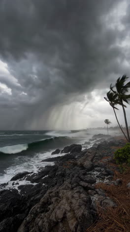 stormy coastal scene with powerful waves and rain