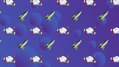 Rows-of-retro-cartoon-speech-bubbles-and-space-rockets-over-moving-blue-balls