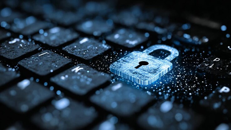 A Glowing Digital Lock on a Keyboard Surrounded by Raindrops Depicting Cybersecurity and Data Protection in the Modern Tech Era